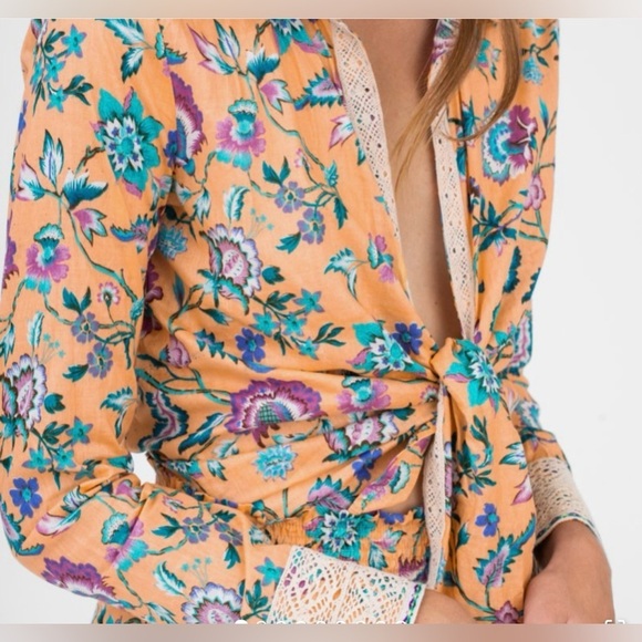 Revolve Pitusa Collared Floral Tie Shirt Multicolor Lace Boho SZ M Crochet NWOT - Picture 3 of 11